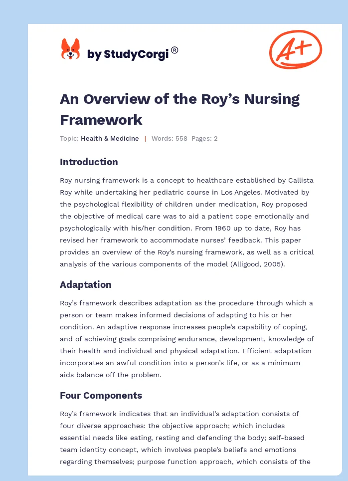 An Overview of the Roy’s Nursing Framework. Page 1