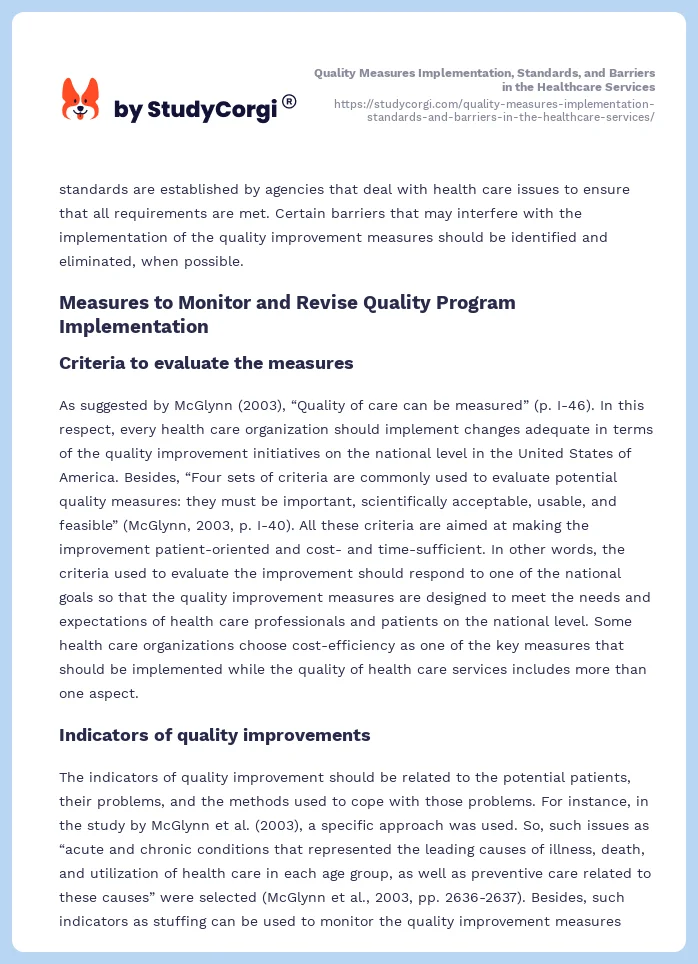 Quality Measures Implementation, Standards, and Barriers in the Healthcare Services. Page 2