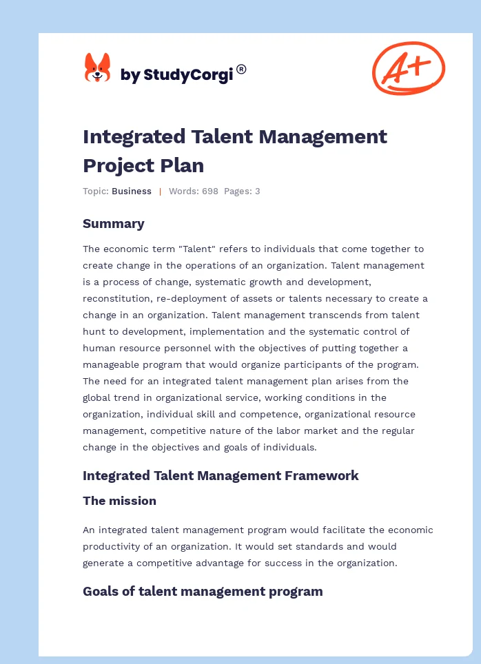 Integrated Talent Management Project Plan. Page 1
