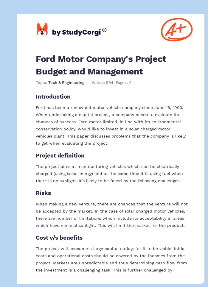 Ford Motor Company's Project Budget and Management. Page 1