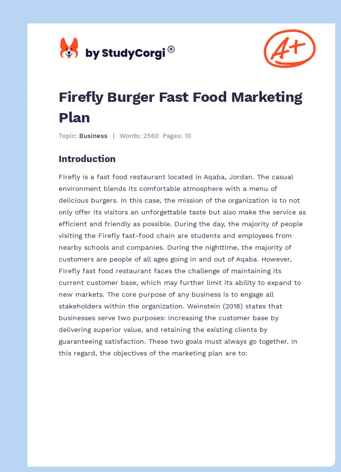 Firefly Burger Fast Food Marketing Plan. Page 1