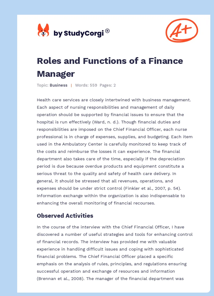 Roles and Functions of a Finance Manager. Page 1