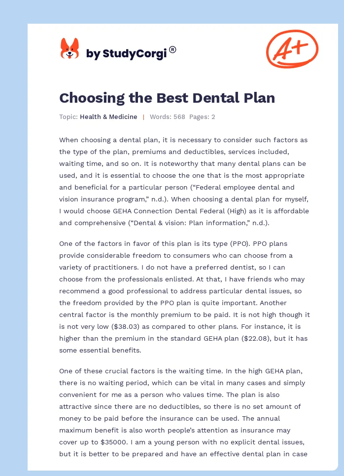 Choosing the Best Dental Plan. Page 1