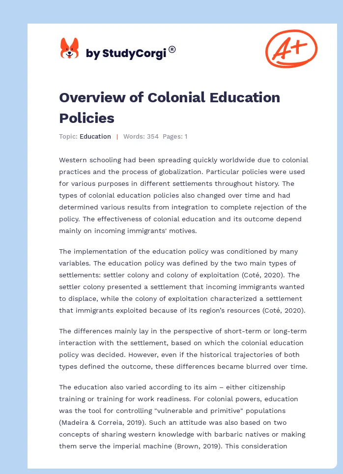 Overview of Colonial Education Policies. Page 1