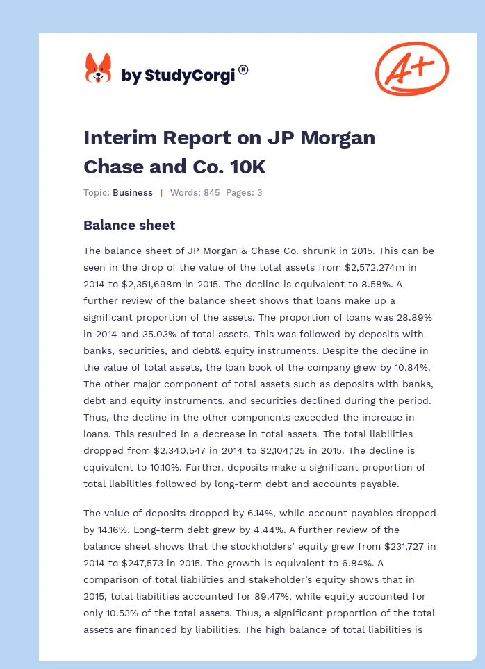Interim Report on JP Morgan Chase and Co. 10K. Page 1