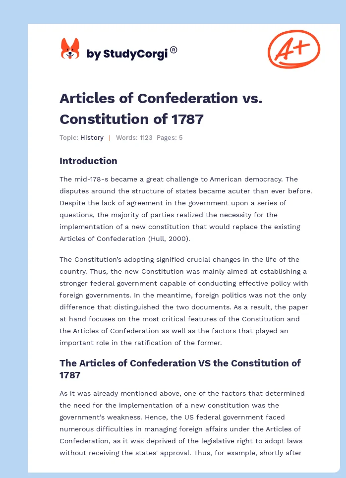 Articles of Confederation vs. Constitution of 1787. Page 1