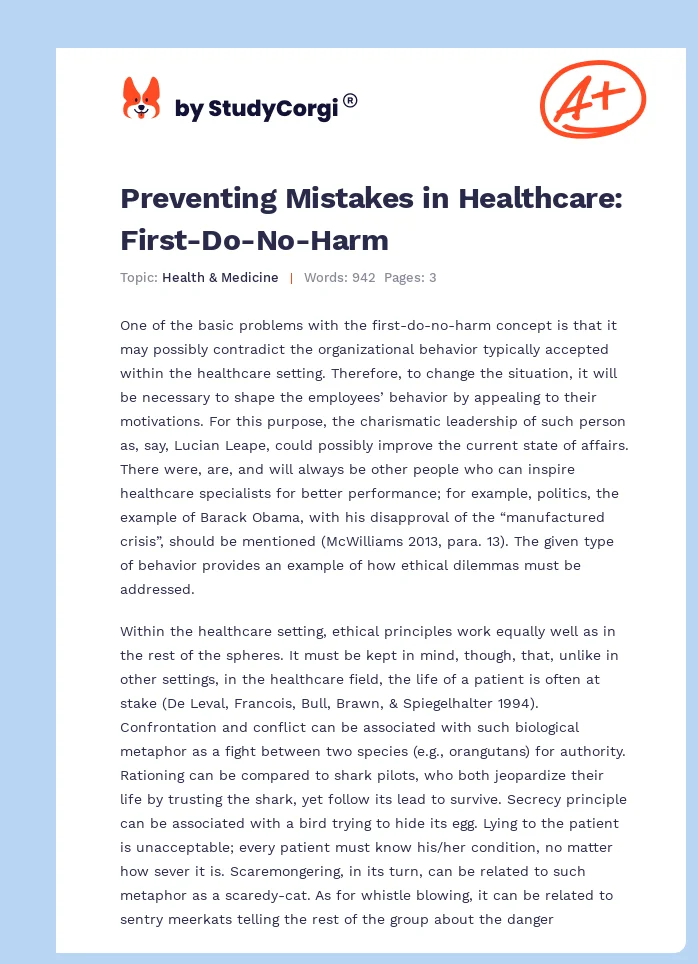 Preventing Mistakes in Healthcare: First-Do-No-Harm. Page 1