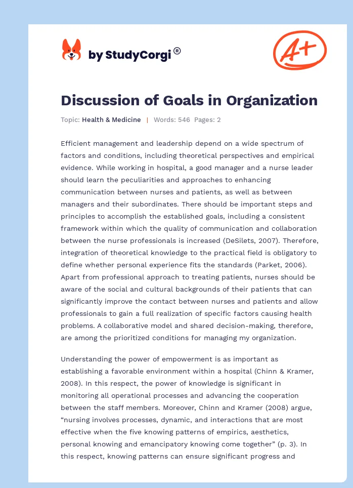 Discussion of Goals in Organization. Page 1