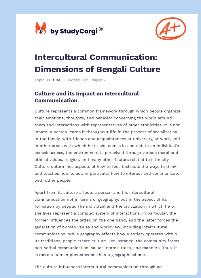 Intercultural Communication: Dimensions of Bengali Culture. Page 1