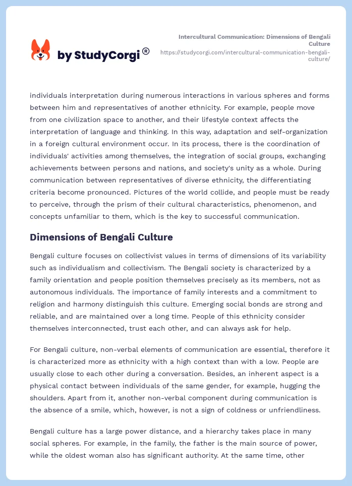 Intercultural Communication: Dimensions of Bengali Culture. Page 2