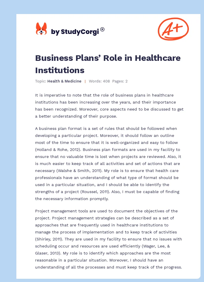Business Plans’ Role in Healthcare Institutions. Page 1