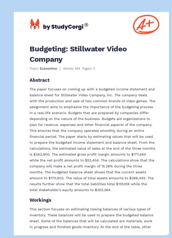 Budgeting: Stillwater Video Company. Page 1