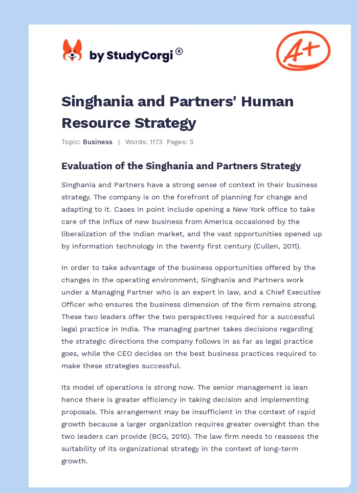 Singhania and Partners' Human Resource Strategy. Page 1