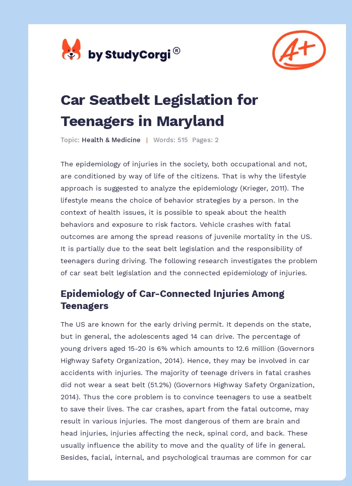 Car Seatbelt Legislation for Teenagers in Maryland. Page 1