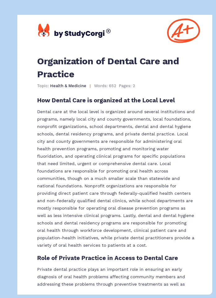 Organization of Dental Care and Practice. Page 1