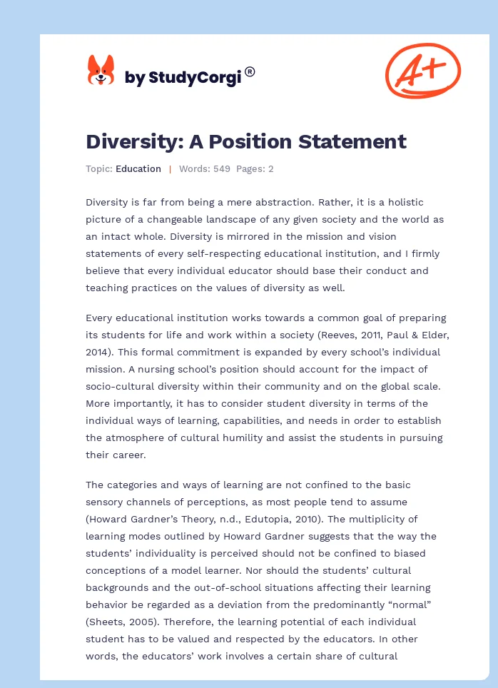 Diversity: A Position Statement. Page 1