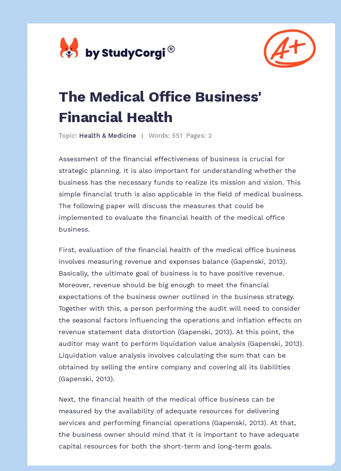 The Medical Office Business' Financial Health. Page 1