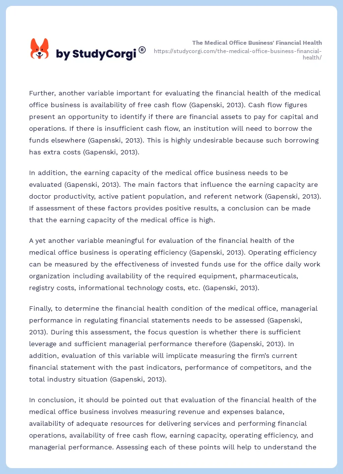 The Medical Office Business' Financial Health. Page 2