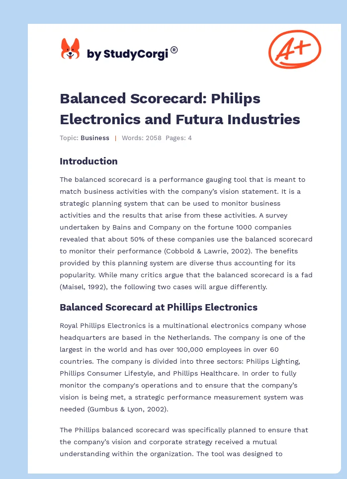Balanced Scorecard: Philips Electronics and Futura Industries. Page 1