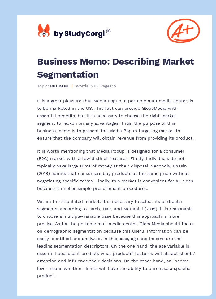 Business Memo: Describing Market Segmentation. Page 1