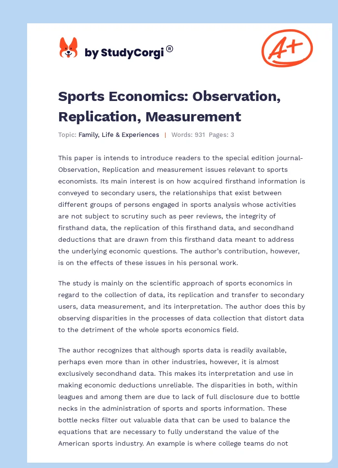 Sports Economics: Observation, Replication, Measurement. Page 1