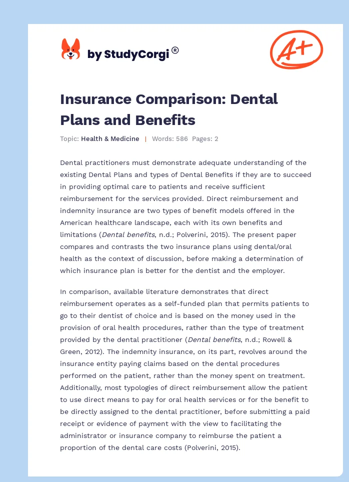 Insurance Comparison: Dental Plans and Benefits. Page 1