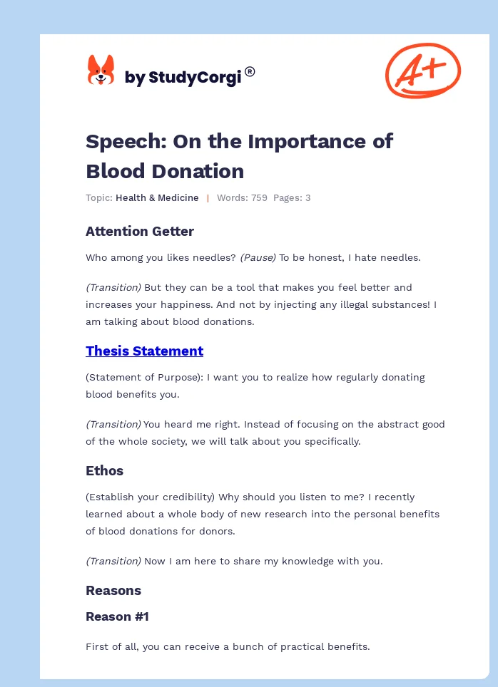 Speech: On the Importance of Blood Donation. Page 1