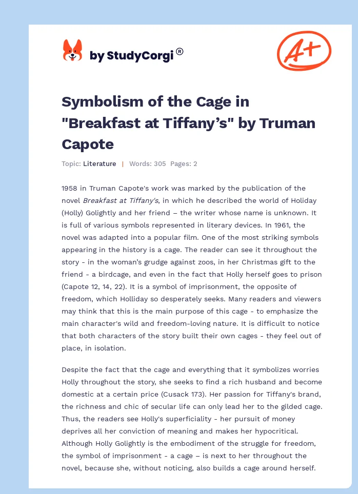 Symbolism of the Cage in "Breakfast at Tiffany’s" by Truman Capote. Page 1