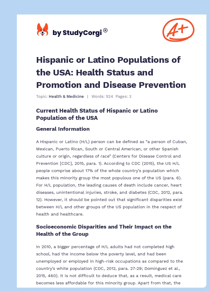 Hispanic or Latino Populations of the USA: Health Status and Promotion and Disease Prevention. Page 1