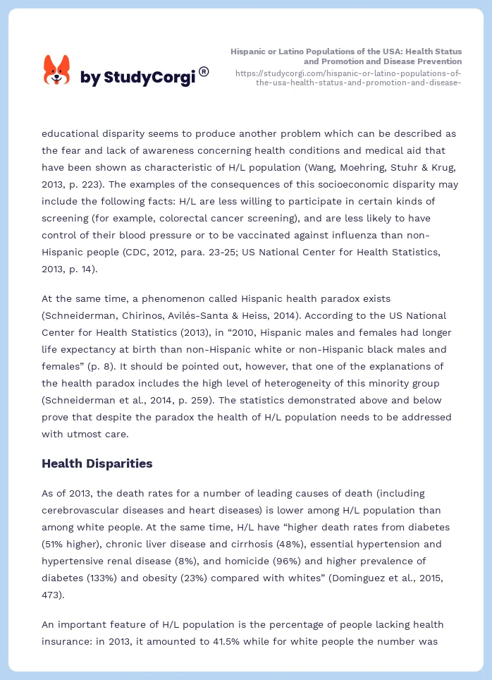 Hispanic or Latino Populations of the USA: Health Status and Promotion and Disease Prevention. Page 2