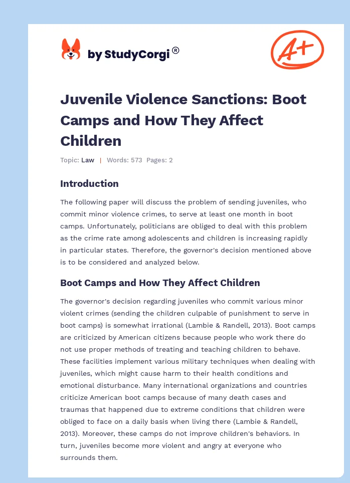 Juvenile Violence Sanctions: Boot Camps and How They Affect Children. Page 1