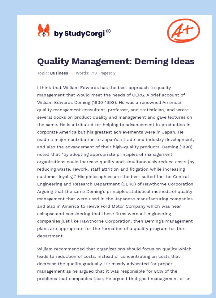 Quality Management: Deming Ideas. Page 1