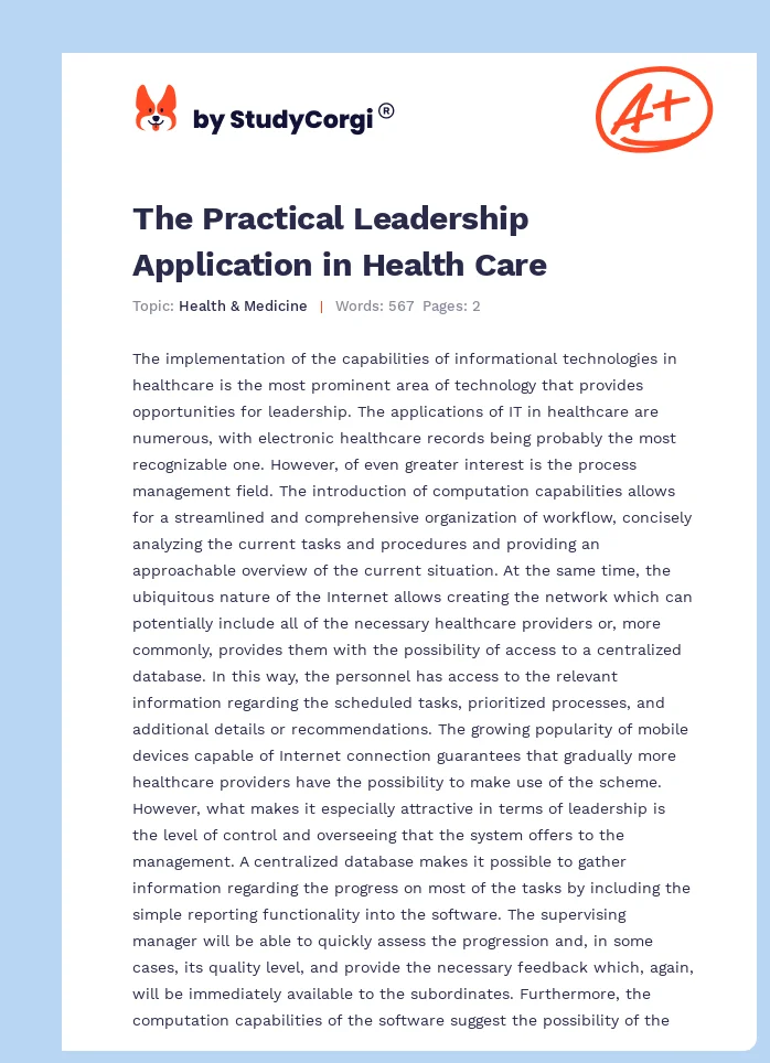 The Practical Leadership Application in Health Care. Page 1