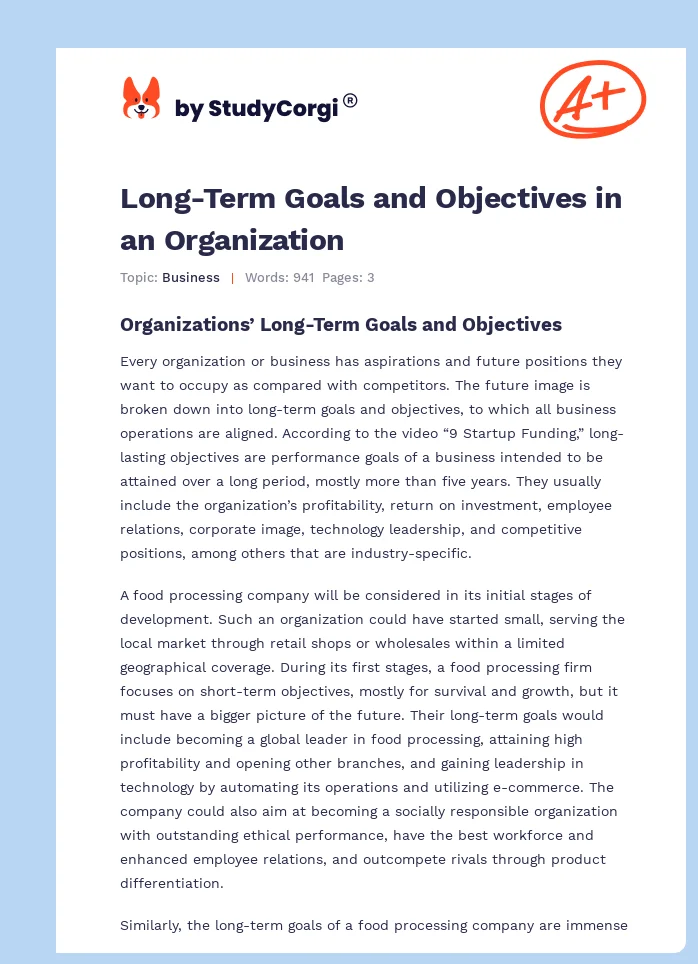 Long-Term Goals and Objectives in an Organization. Page 1