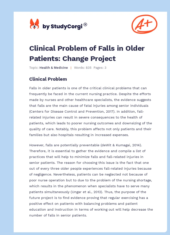 Clinical Problem of Falls in Older Patients: Change Project. Page 1
