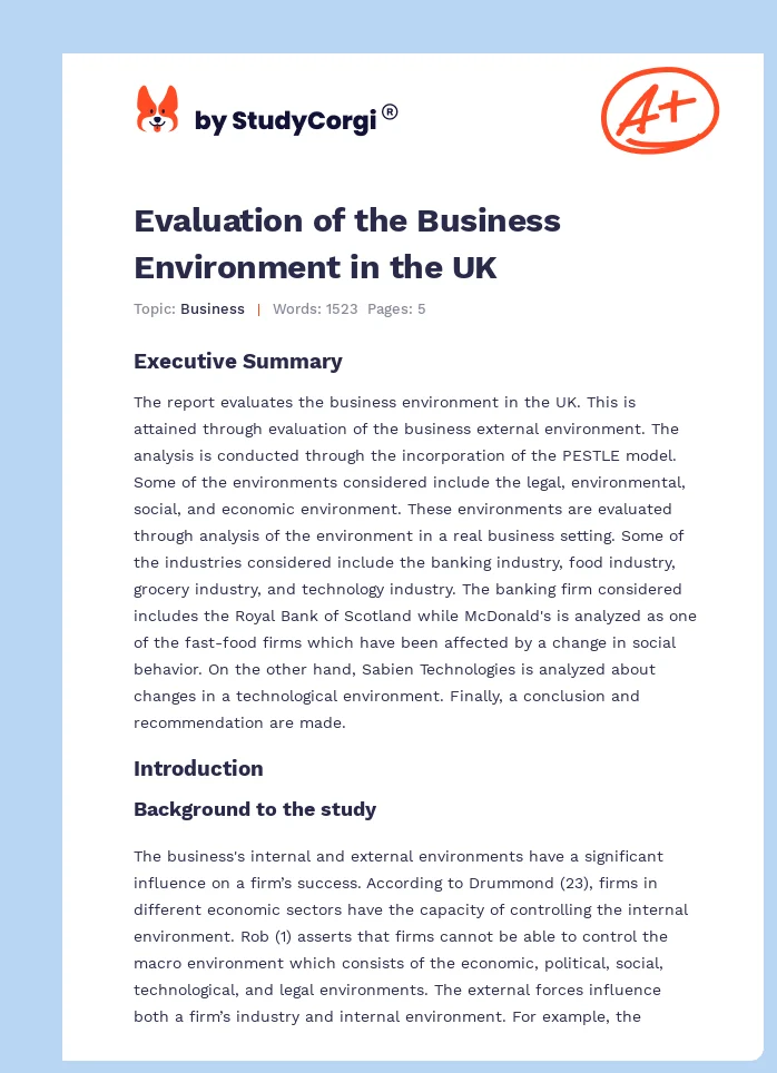Evaluation of the Business Environment in the UK. Page 1