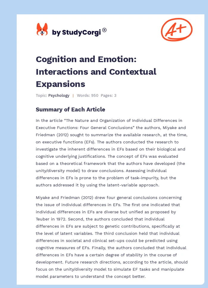 Cognition and Emotion: Interactions and Contextual Expansions. Page 1