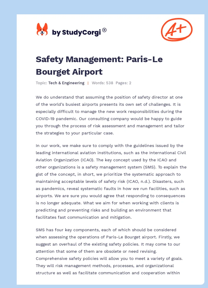 Safety Management: Paris-Le Bourget Airport. Page 1
