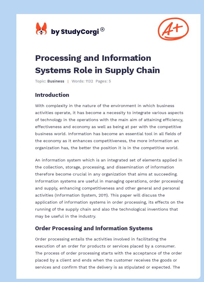 Processing and Information Systems Role in Supply Chain. Page 1