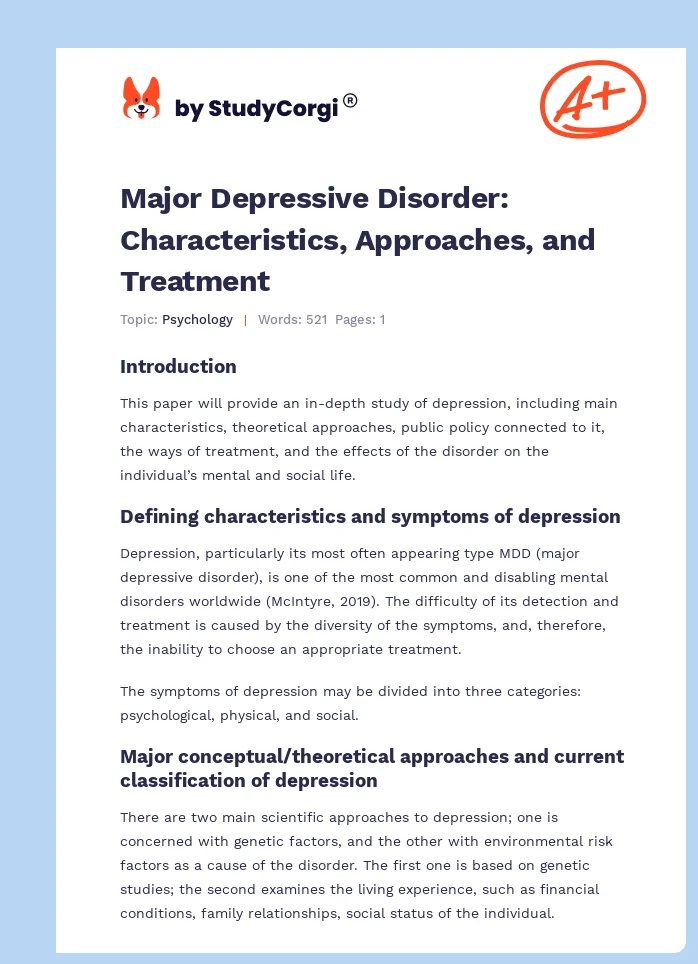 Major Depressive Disorder: Characteristics, Approaches, and Treatment. Page 1