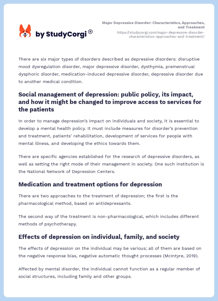 Major Depressive Disorder: Characteristics, Approaches, and Treatment. Page 2
