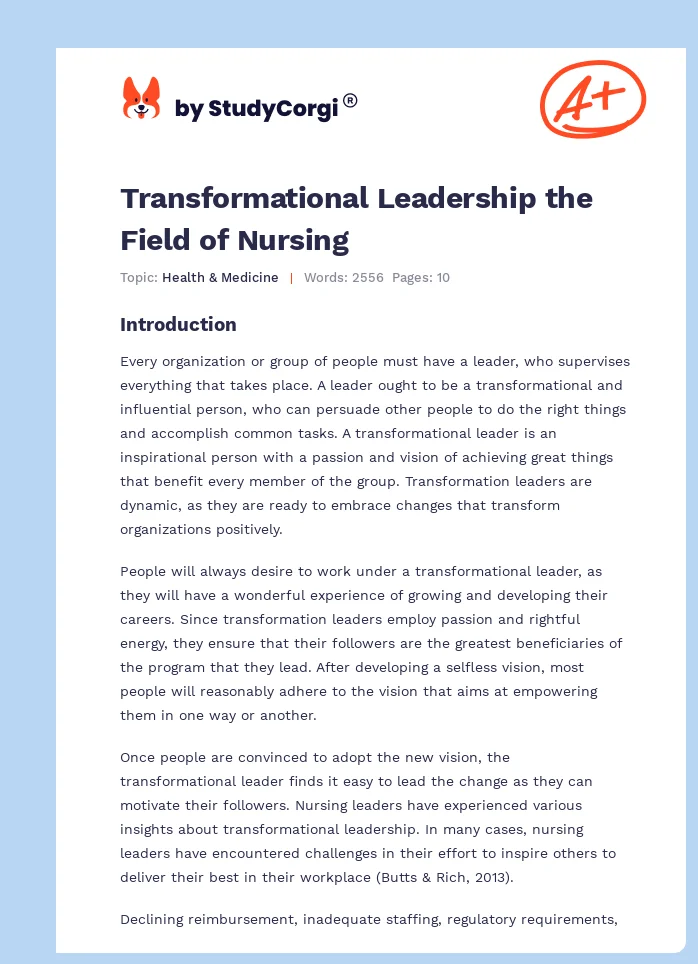 Transformational Leadership the Field of Nursing. Page 1