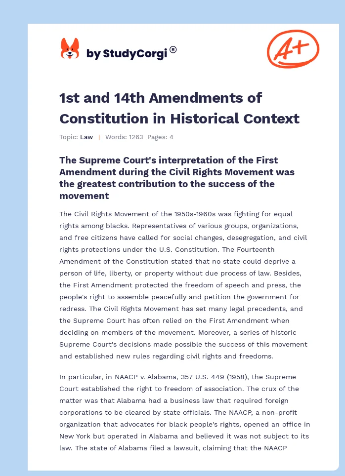 1st and 14th Amendments of Constitution in Historical Context. Page 1