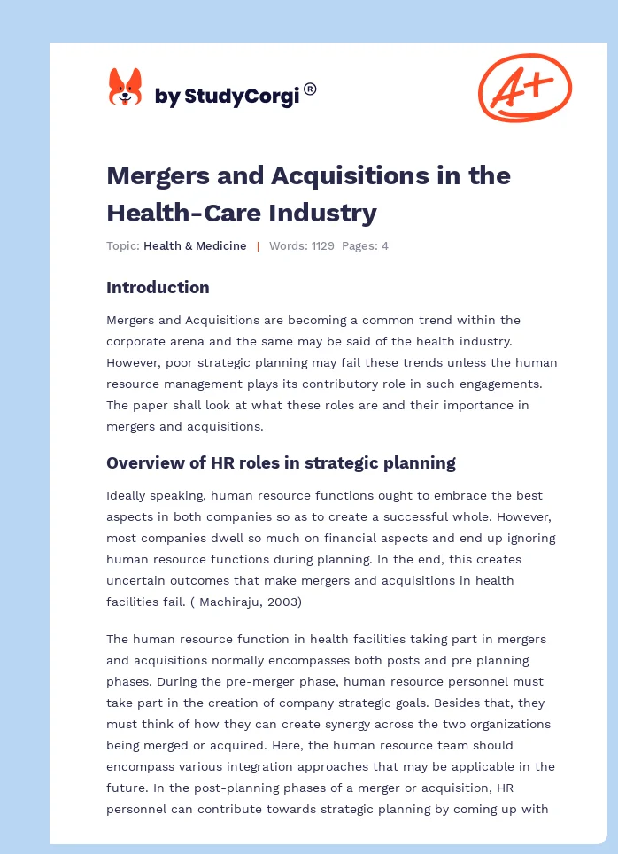 Mergers and Acquisitions in the Health-Care Industry. Page 1