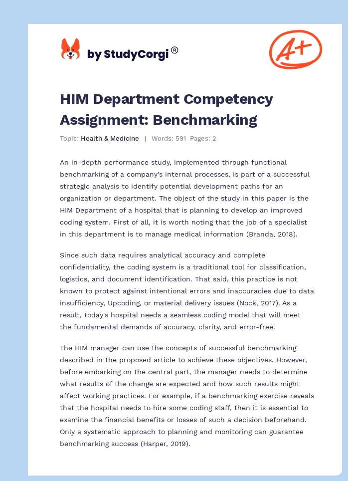 HIM Department Competency Assignment: Benchmarking. Page 1