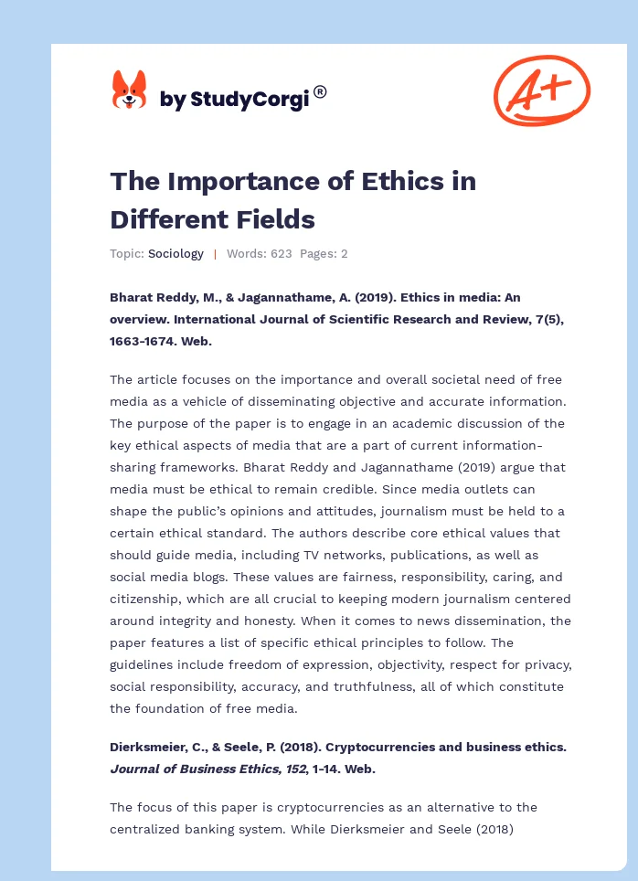The Importance of Ethics in Different Fields. Page 1