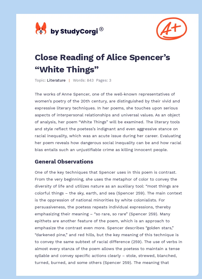 Close Reading of Alice Spencer’s “White Things”. Page 1