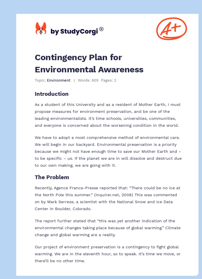 Contingency Plan for Environmental Awareness. Page 1