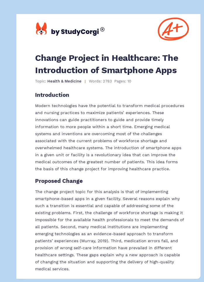 Change Project in Healthcare: The Introduction of Smartphone Apps. Page 1