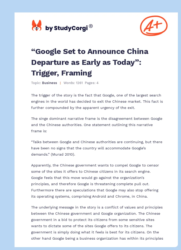 “Google Set to Announce China Departure as Early as Today”: Trigger, Framing. Page 1